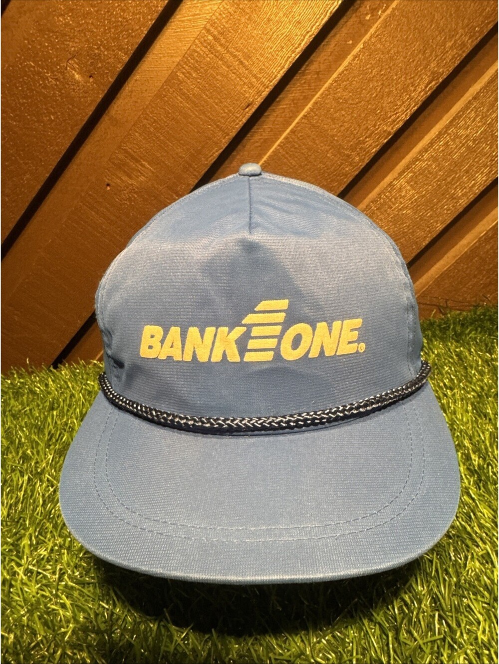 Vintage 90s Bank One Corporate Nylon Rope Hat Blue Snapback Trucker Cap 5 Panel